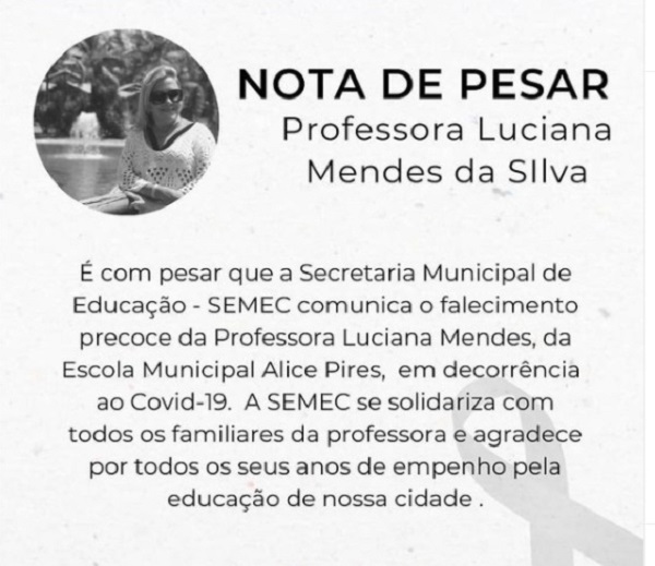 Professora Luciana Mendes é mais uma vítima da Covid